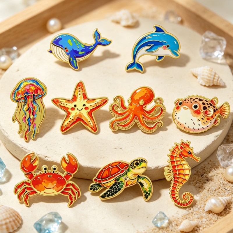 Lapel Pin Enamel - 鮮やかな色彩の海洋動物モチーフのエナメルピン。かわいい海の生き物のブローチで、バックパック、帽子、コートなどに付けて、海洋生物をテーマにしたファッションや、ホリデーギフトに最適です。