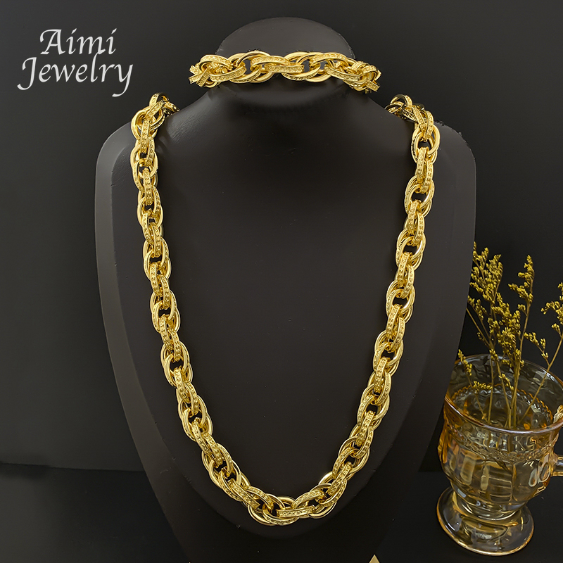 Men'S Accessories Dubai - 65 センチメートルリンクチェーンマントレンディなネックレスドバイ 18 K ゴールドメッキジュエリーセットブレスレット男性ファッション Y2K
