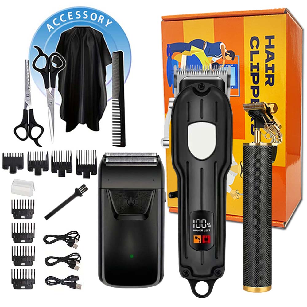 Men Accessories Guide - LCDディスプレイ付きプロ用バリカンセット、男性用充電式電動トリマー、Tアウトライナー、フォイルシェーバー、ガイドコーム、アクセサリー付き