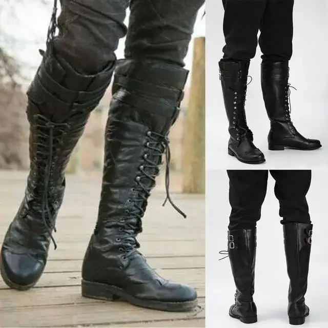 Medieval Men'S Accessories - 中世スチームパンクコスプレブーツ男性冬 Larp バイキング海賊 Pu レザー靴カーニバルパーティーファンシー騎士ブーツ 37-48
