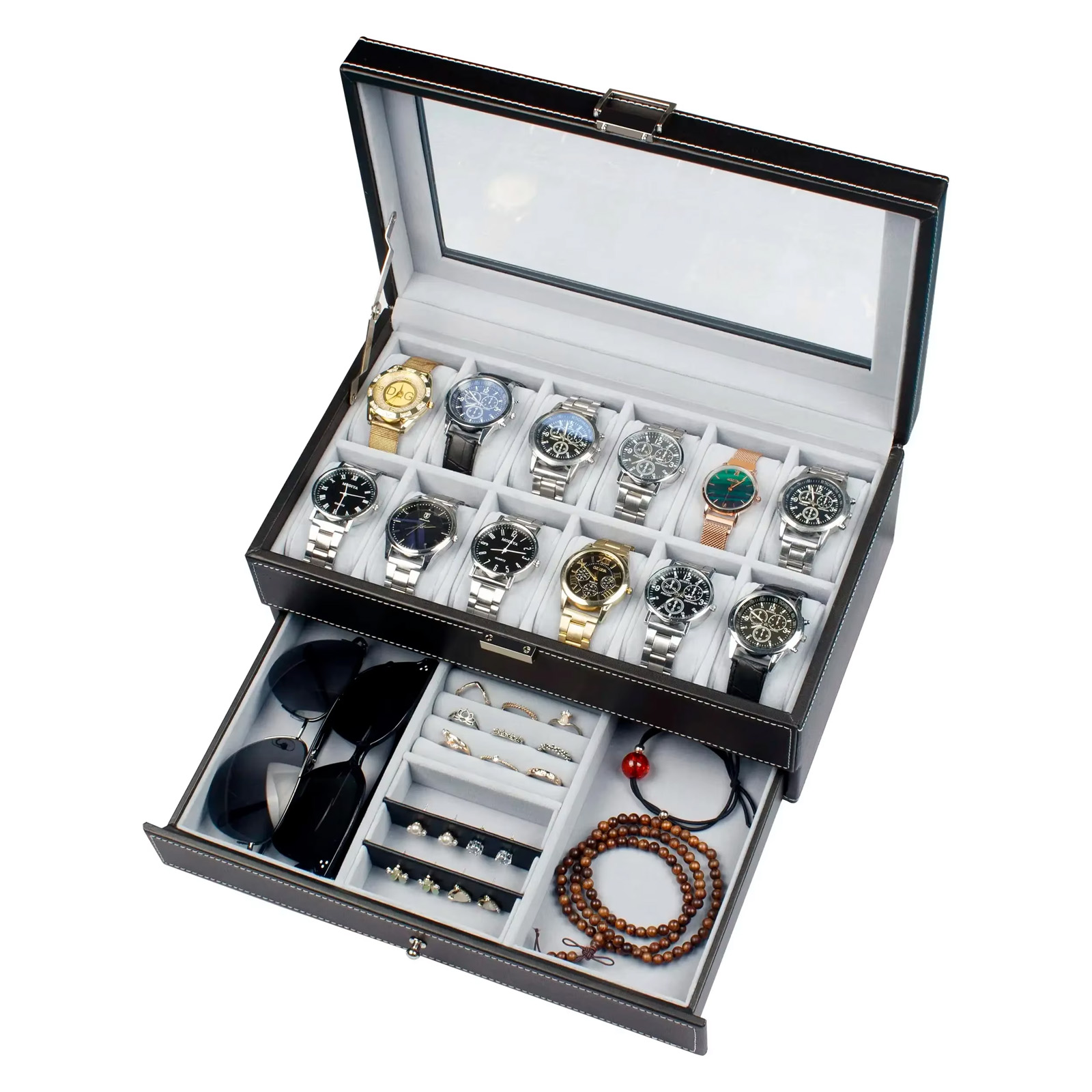 Men Accessories Organiser - 新しい12スロットレザー製ロック付き腕時計収納ボックス、男性と女性のジュエリーディスプレイ引き出しケース、2段式オーガナイザー腕時計ショーケース