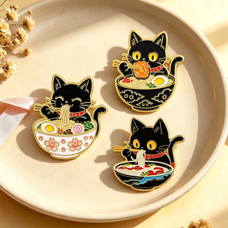 Lapel Pin Enamel - かわいい黒猫が麺を食べるエナメルピン、素敵な動物のラペルバッジ、バックパックや服の装飾用メタルブローチ、デイリージュエリーギフト