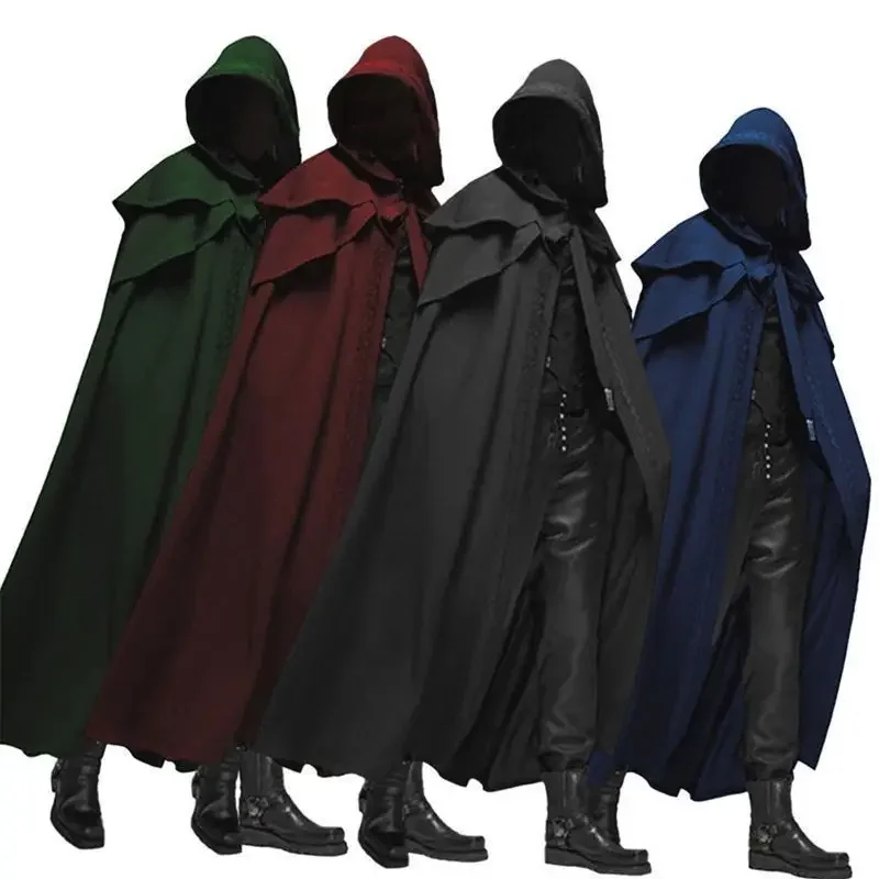 Medieval Men'S Accessories - 男性モンクコスプレ衣装 中世ヴィンテージゴシック フード付きルーズブラックロングケープポンチョ トレンチウィンターマントコート ハロウィン