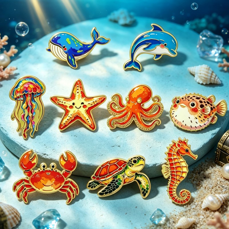 鮮やかな色彩の海洋動物モチーフのエナメルピン。かわいい海の生 - Lapel Pin Enamel のレビューと価格