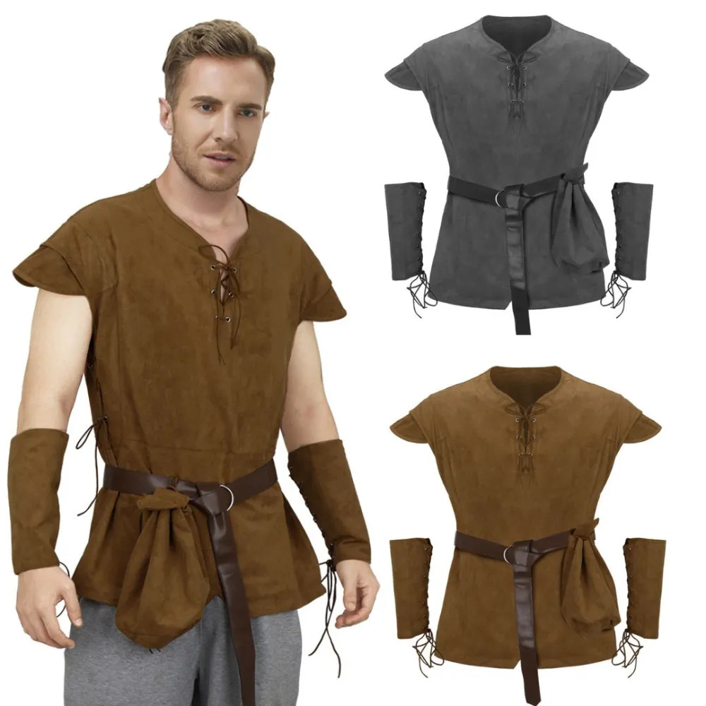 メンズ中世風レースアップチュニックシャツ ルネサンス バイキ - Medieval Men'S Accessories のレビューと価格