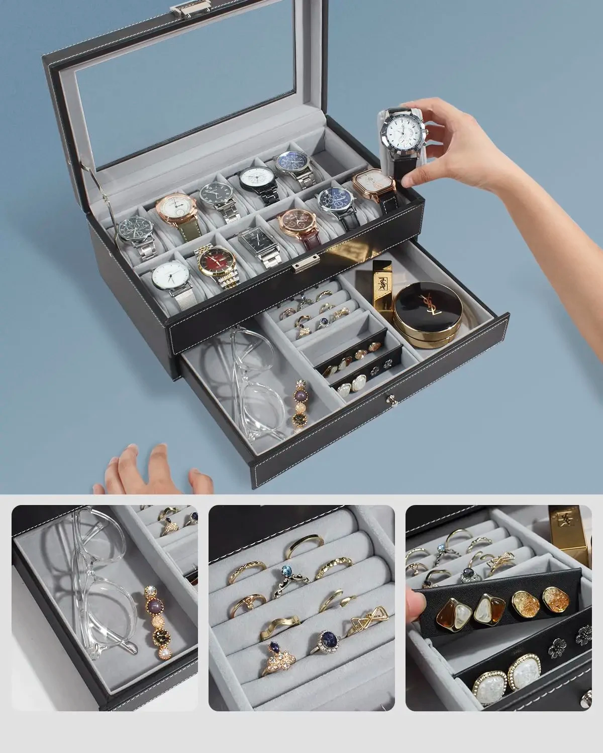 新しい12スロットレザー製ロック付き腕時計収納ボックス、男性 - Men Accessories Organiser のレビューと価格