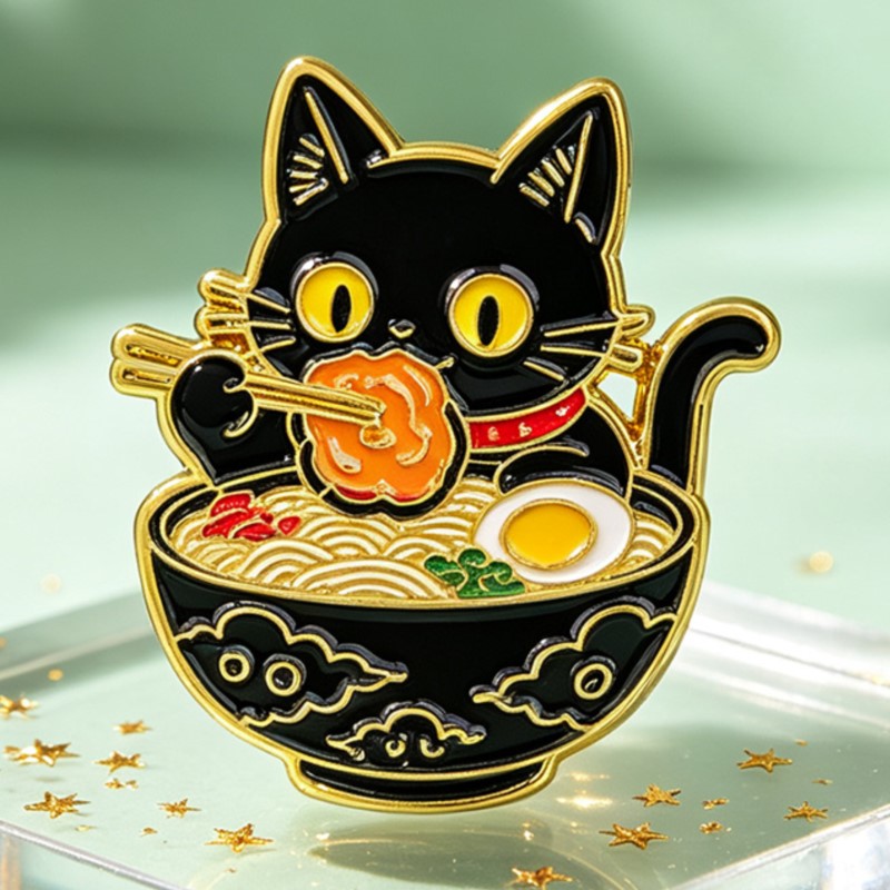 かわいい黒猫が麺を食べるエナメルピン、素敵な動物のラペルバッ - Lapel Pin Enamel のレビューと価格