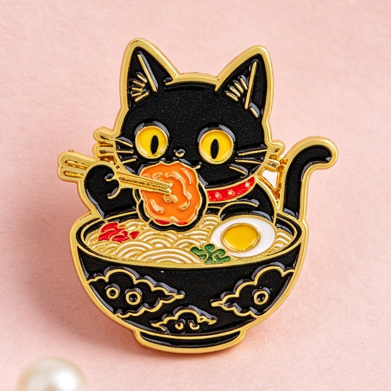 かわいい黒猫が麺を食べるエナメルピン、素敵な動物のラペルバッ - Lapel Pin Enamel のレビューと価格