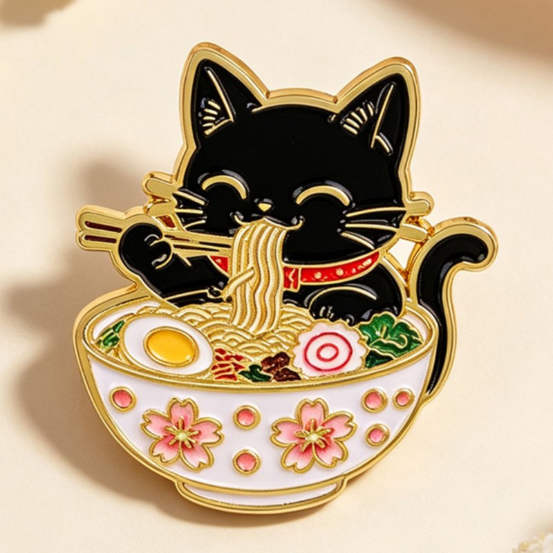 かわいい黒猫が麺を食べるエナメルピン、素敵な動物のラペルバッ - Lapel Pin Enamel のレビューと価格